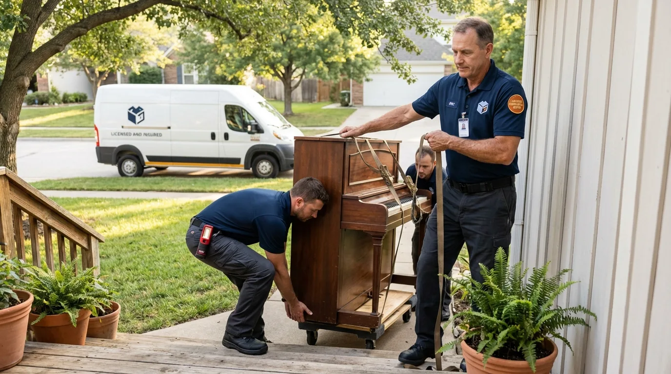 Licensed piano movers securing grand piano in Mount Gilead, NC
