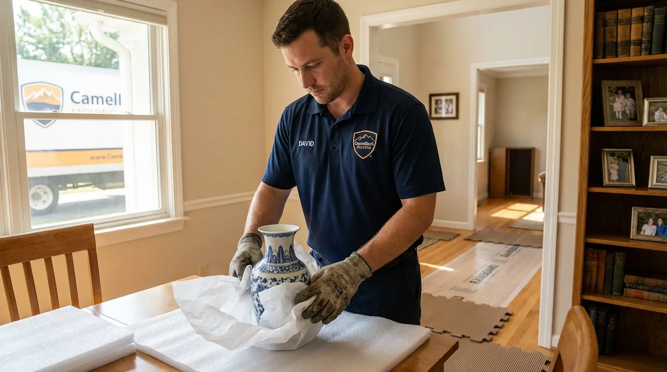 Professional crew carefully wrapping antique vase for senior downsizing move in Mount Gilead, NC
