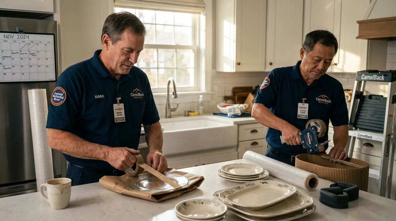 Professional crew packing kitchen dishware in Mount Gilead, NC